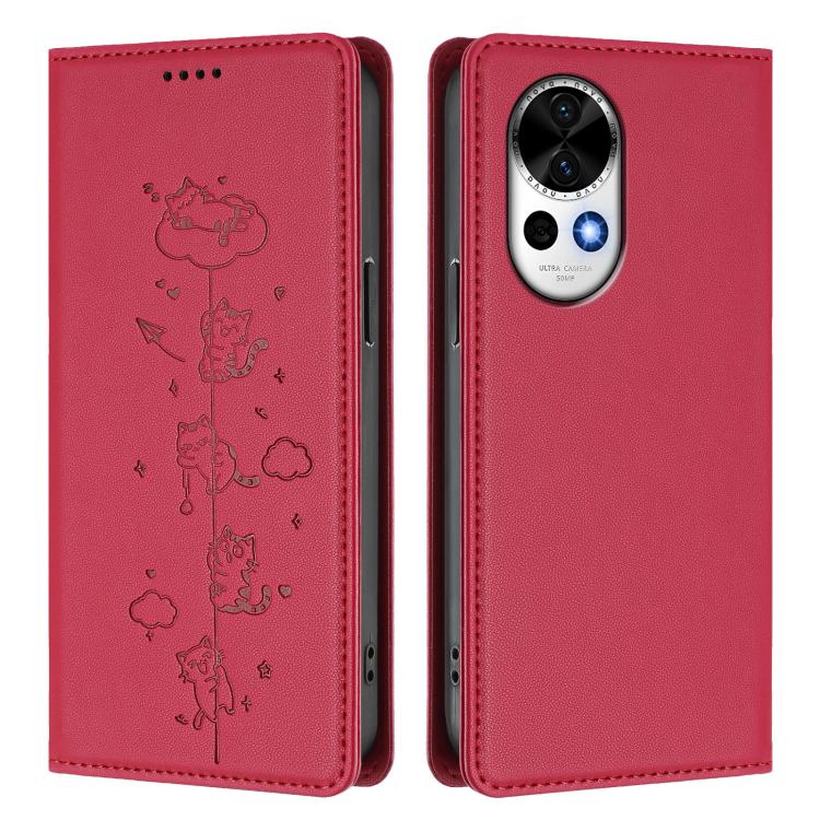 For Huawei nova 13 / 12 Cute Cats Embossed Magnetic RFID Vegan Leather Phone Case