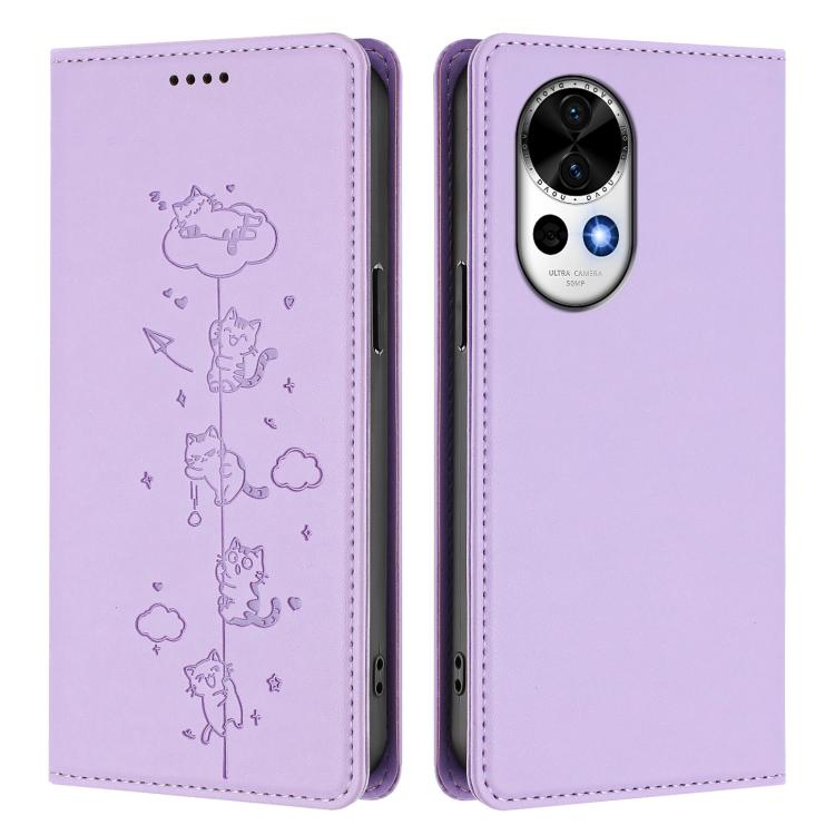 For Huawei nova 13 / 12 Cute Cats Embossed Magnetic RFID Vegan Leather Phone Case