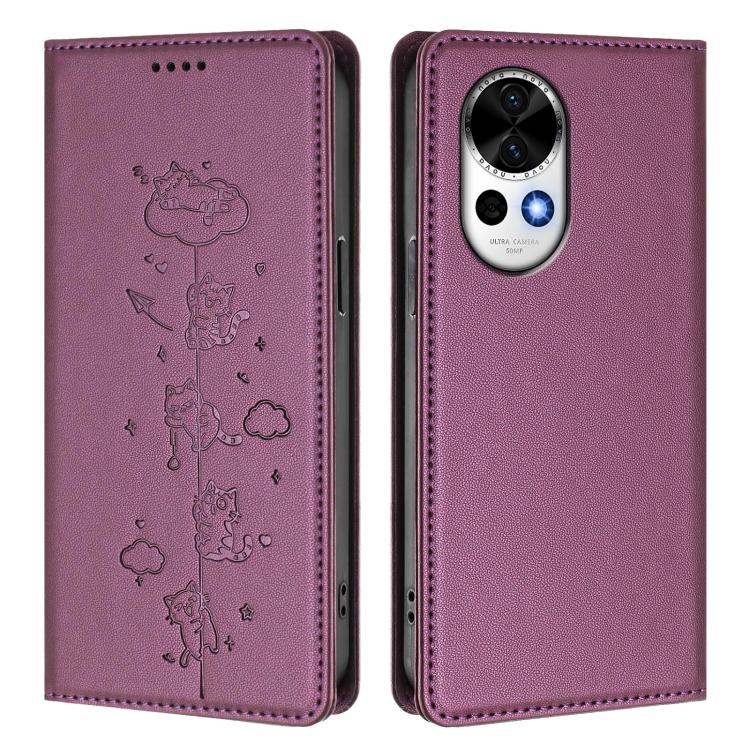 For Huawei nova 13 / 12 Cute Cats Embossed Magnetic RFID Vegan Leather Phone Case