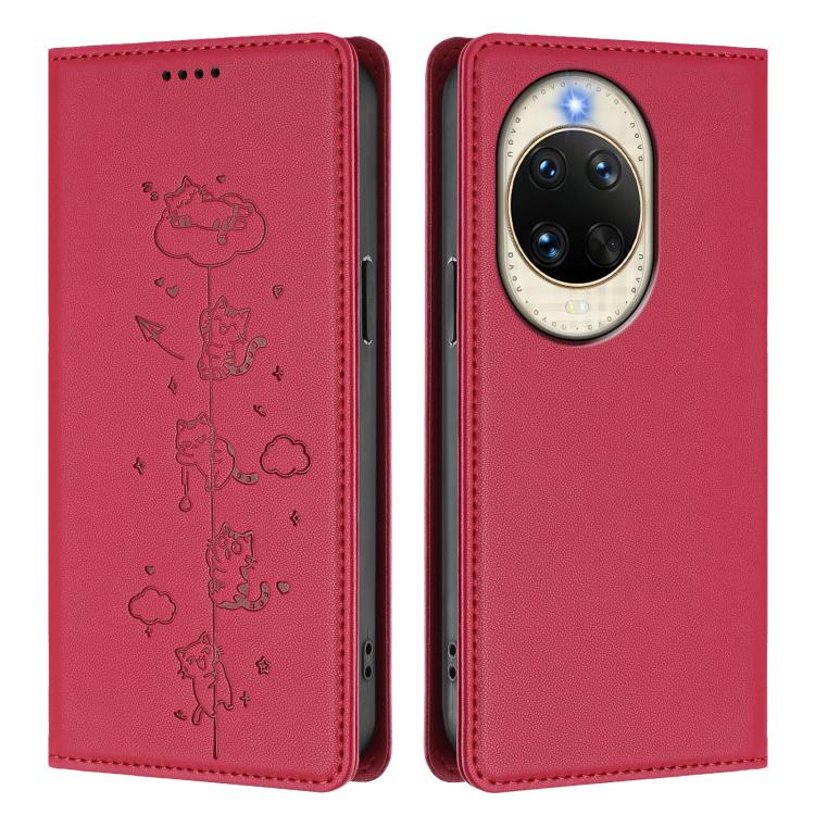 For Huawei nova 14 5G Cute Cats Embossed Magnetic RFID Vegan Leather Phone Case