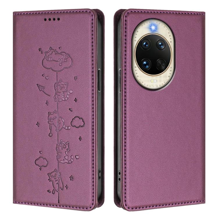 For Huawei nova 14 5G Cute Cats Embossed Magnetic RFID Vegan Leather Phone Case