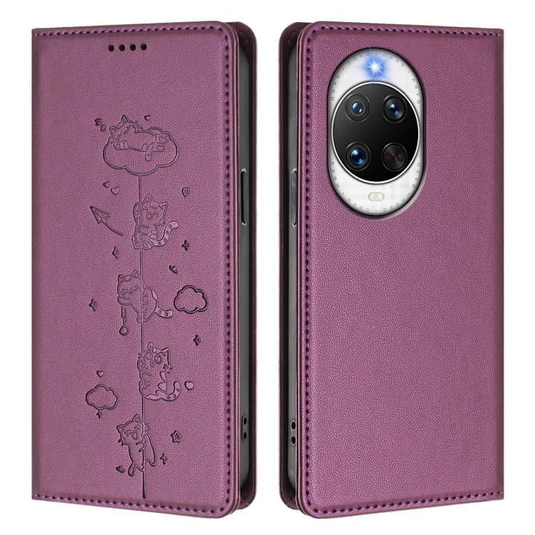 For Huawei nova 14 Pro 5G Cute Cats Embossed Magnetic RFID Vegan Leather Phone Case