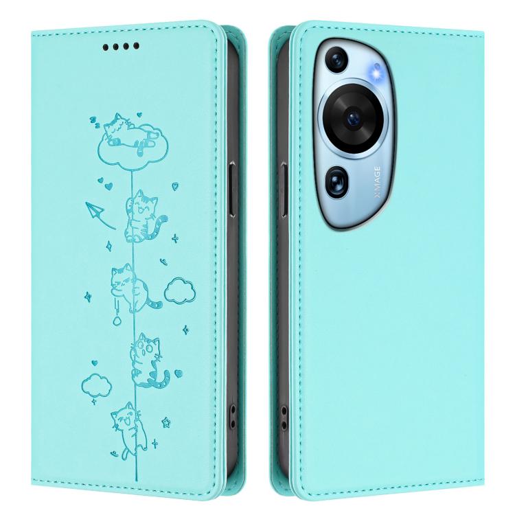 For Huawei P60 Art Cute Cats Embossed Magnetic RFID Vegan Leather Phone Case