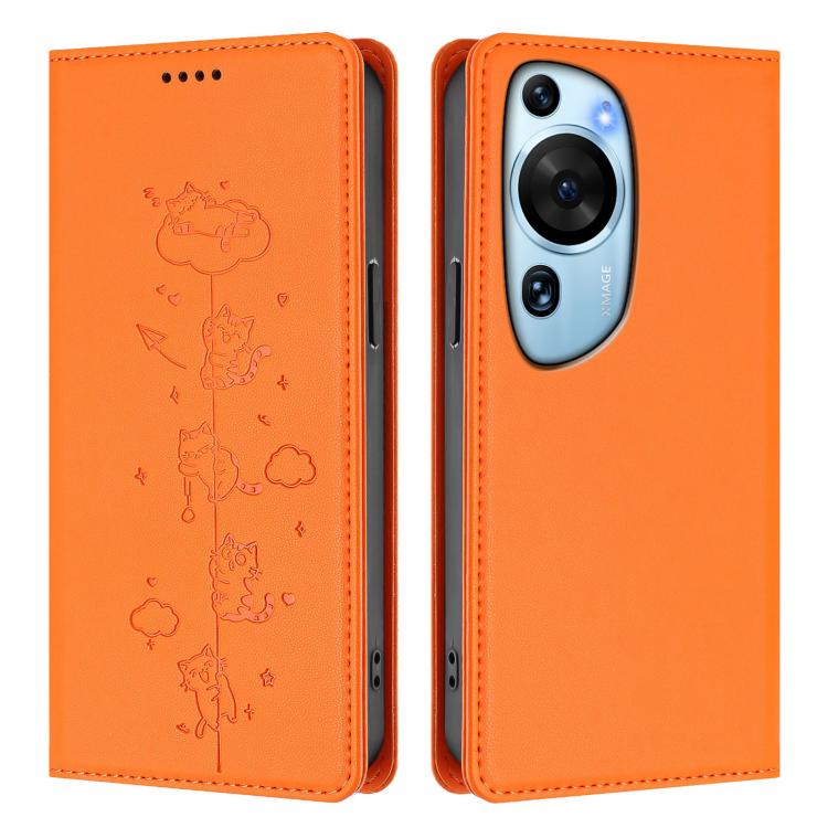 For Huawei P60 Art Cute Cats Embossed Magnetic RFID Vegan Leather Phone Case
