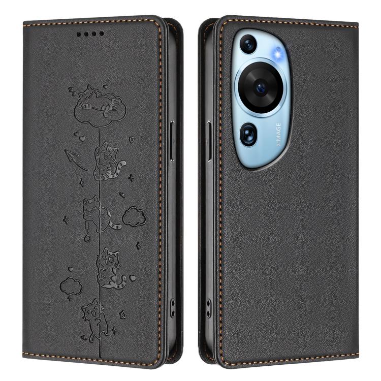 For Huawei P60 Art Cute Cats Embossed Magnetic RFID Vegan Leather Phone Case