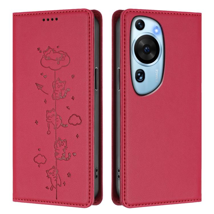 For Huawei P60 Art Cute Cats Embossed Magnetic RFID Vegan Leather Phone Case
