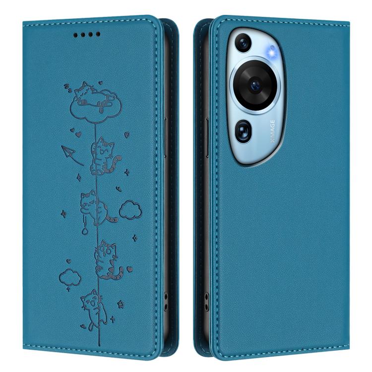 For Huawei P60 Art Cute Cats Embossed Magnetic RFID Vegan Leather Phone Case