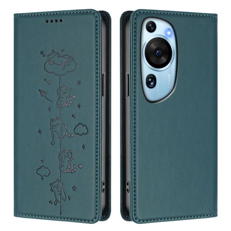 For Huawei P60 Art Cute Cats Embossed Magnetic RFID Vegan Leather Phone Case