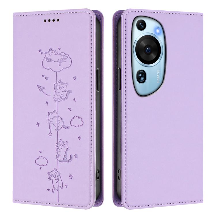 For Huawei P60 Art Cute Cats Embossed Magnetic RFID Vegan Leather Phone Case