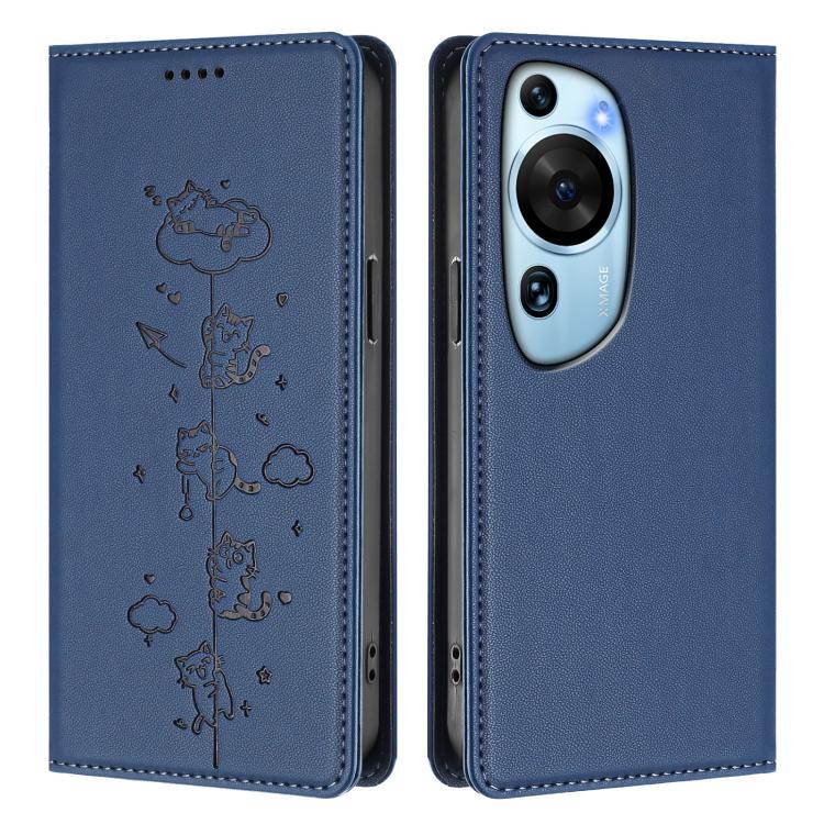 For Huawei P60 Art Cute Cats Embossed Magnetic RFID Vegan Leather Phone Case