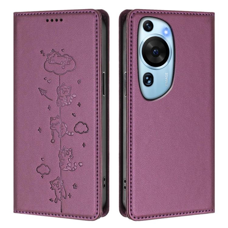 For Huawei P60 Art Cute Cats Embossed Magnetic RFID Vegan Leather Phone Case