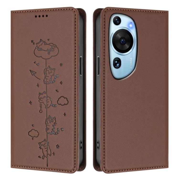 For Huawei P60 Art Cute Cats Embossed Magnetic RFID Vegan Leather Phone Case