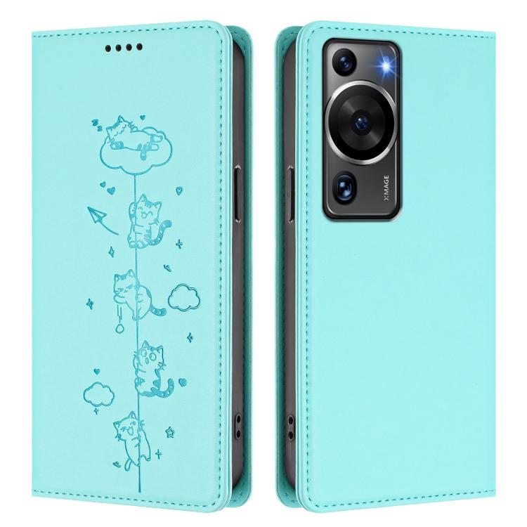 For Huawei P60 / P60 Pro Cute Cats Embossed Magnetic RFID Vegan Leather Phone Case
