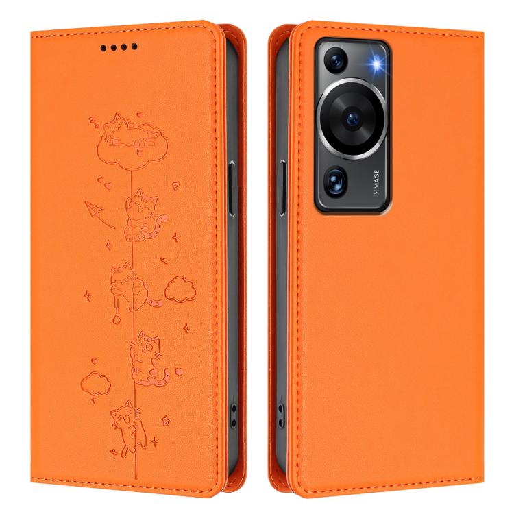 For Huawei P60 / P60 Pro Cute Cats Embossed Magnetic RFID Vegan Leather Phone Case
