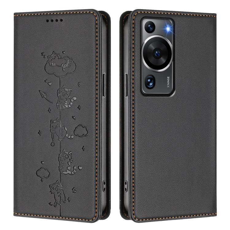 For Huawei P60 / P60 Pro Cute Cats Embossed Magnetic RFID Vegan Leather Phone Case