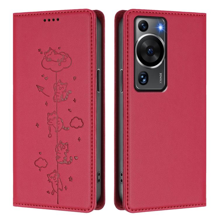 For Huawei P60 / P60 Pro Cute Cats Embossed Magnetic RFID Vegan Leather Phone Case
