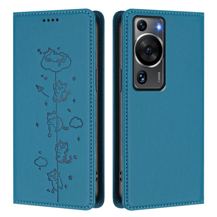 For Huawei P60 / P60 Pro Cute Cats Embossed Magnetic RFID Vegan Leather Phone Case