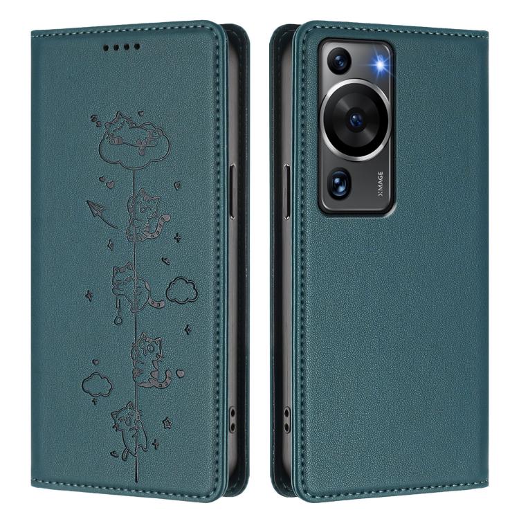For Huawei P60 / P60 Pro Cute Cats Embossed Magnetic RFID Vegan Leather Phone Case