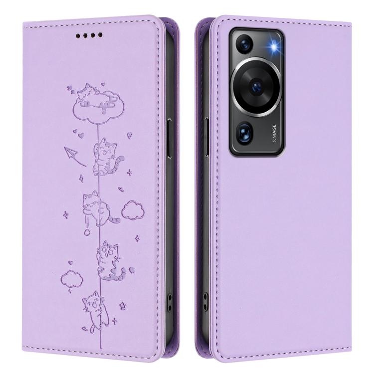 For Huawei P60 / P60 Pro Cute Cats Embossed Magnetic RFID Vegan Leather Phone Case