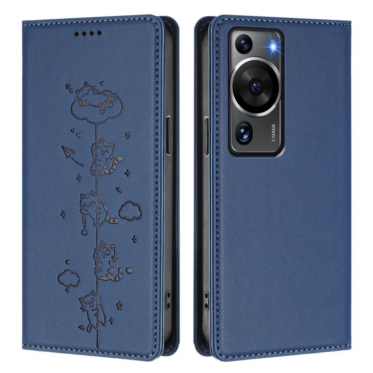 For Huawei P60 / P60 Pro Cute Cats Embossed Magnetic RFID Vegan Leather Phone Case