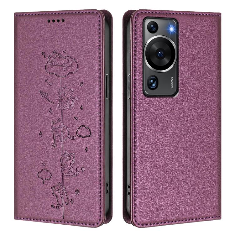 For Huawei P60 / P60 Pro Cute Cats Embossed Magnetic RFID Vegan Leather Phone Case