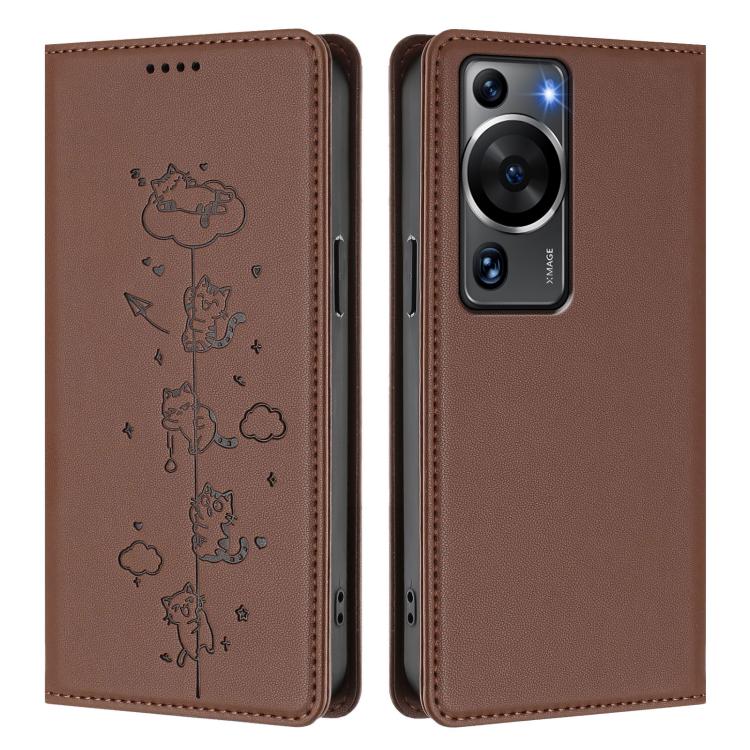 For Huawei P60 / P60 Pro Cute Cats Embossed Magnetic RFID Vegan Leather Phone Case