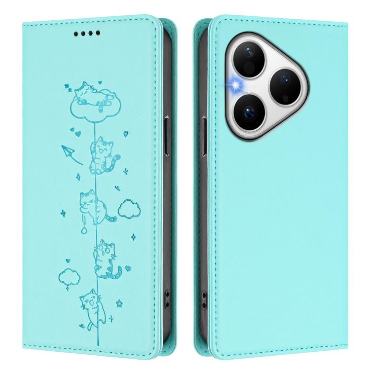 For Huawei Pura 80 Cute Cats Embossed Magnetic RFID Vegan Leather Phone Case