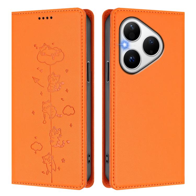 For Huawei Pura 80 Cute Cats Embossed Magnetic RFID Vegan Leather Phone Case
