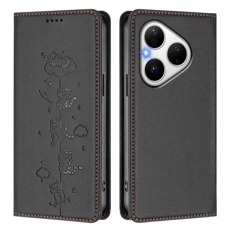 For Huawei Pura 80 Cute Cats Embossed Magnetic RFID Vegan Leather Phone Case