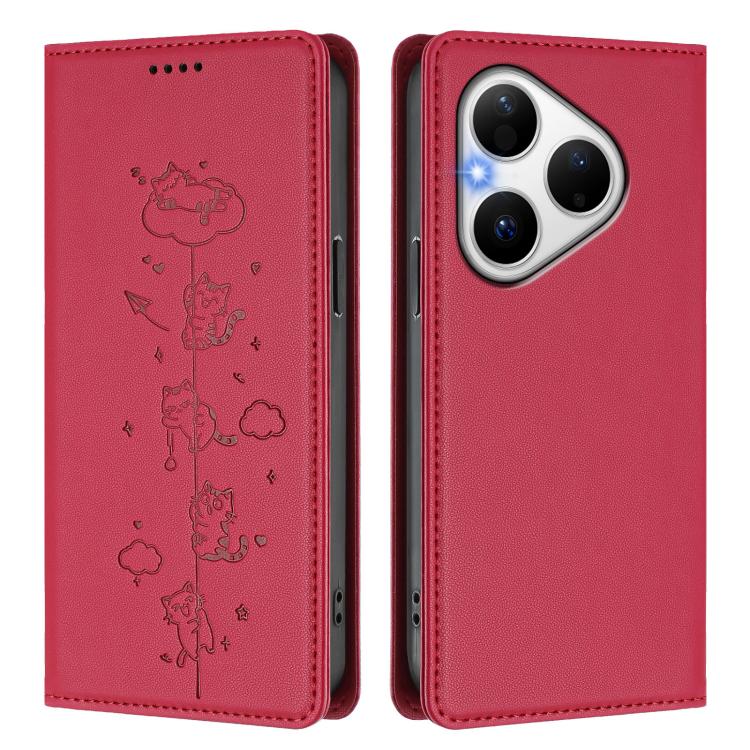 For Huawei Pura 80 Cute Cats Embossed Magnetic RFID Vegan Leather Phone Case
