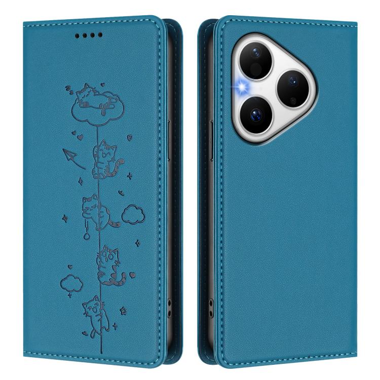 For Huawei Pura 80 Cute Cats Embossed Magnetic RFID Vegan Leather Phone Case