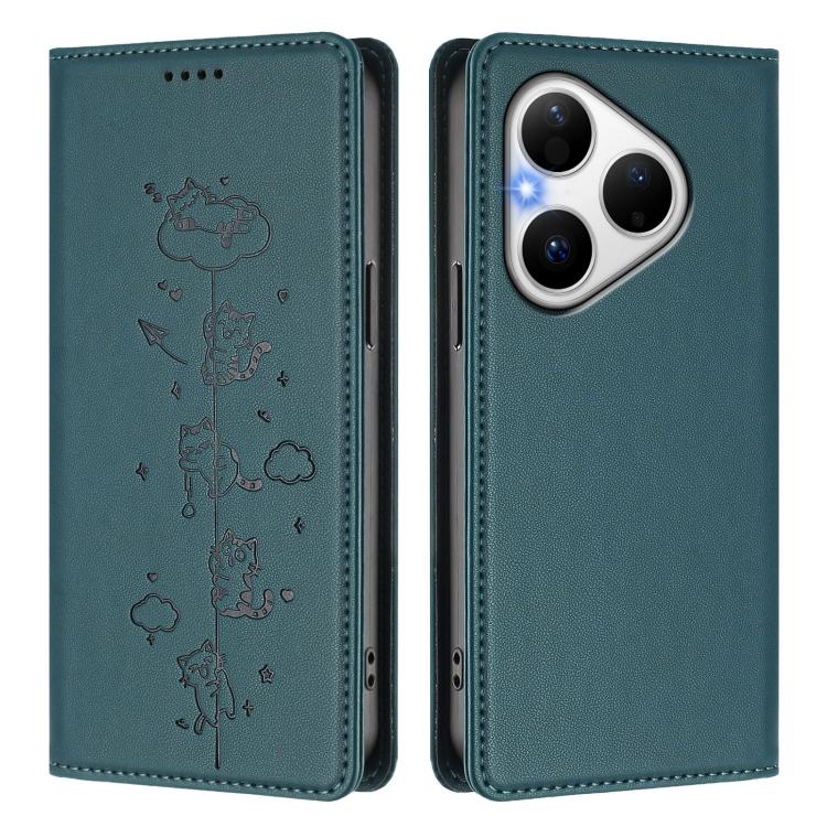 For Huawei Pura 80 Cute Cats Embossed Magnetic RFID Vegan Leather Phone Case