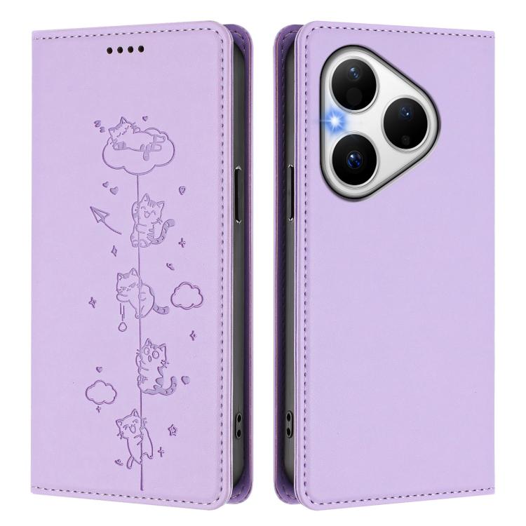 For Huawei Pura 80 Cute Cats Embossed Magnetic RFID Vegan Leather Phone Case