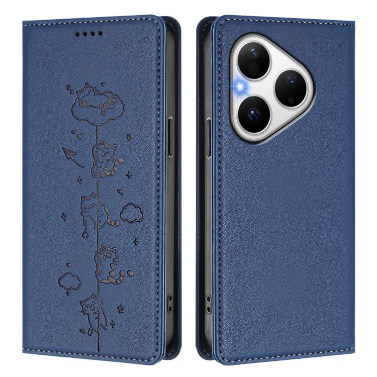 For Huawei Pura 80 Cute Cats Embossed Magnetic RFID Vegan Leather Phone Case