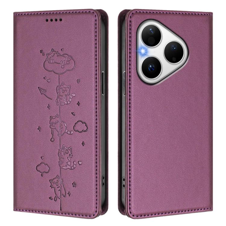 For Huawei Pura 80 Cute Cats Embossed Magnetic RFID Vegan Leather Phone Case