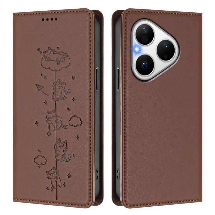 For Huawei Pura 80 Cute Cats Embossed Magnetic RFID Vegan Leather Phone Case