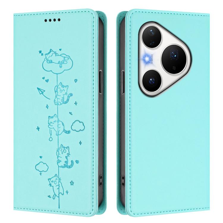 For Huawei Pura 80 Pro / 80 Pro+ Cute Cats Embossed Magnetic RFID Vegan Leather Phone Case