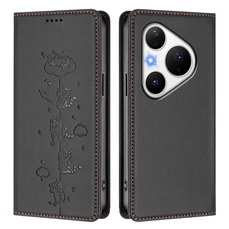 For Huawei Pura 80 Pro / 80 Pro+ Cute Cats Embossed Magnetic RFID Vegan Leather Phone Case