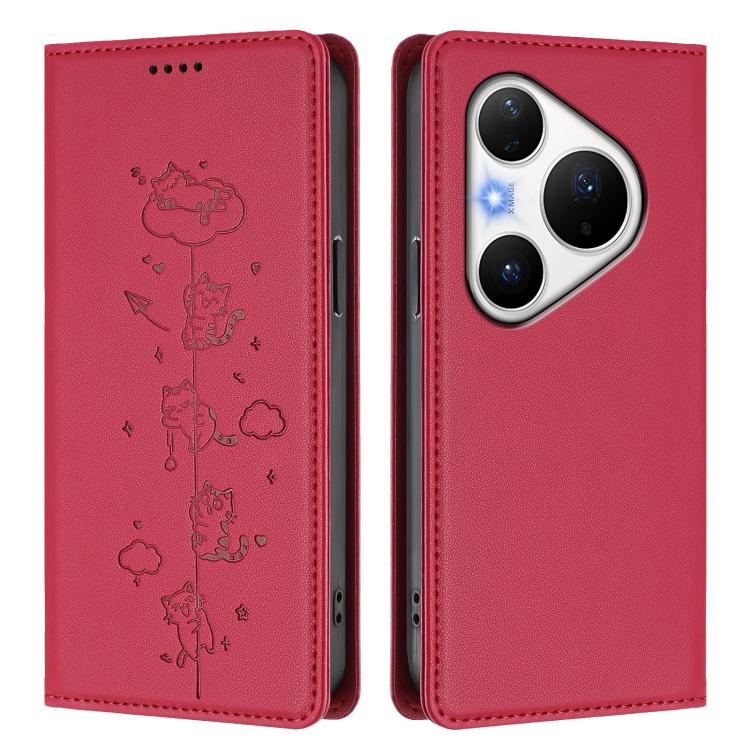 For Huawei Pura 80 Pro / 80 Pro+ Cute Cats Embossed Magnetic RFID Vegan Leather Phone Case