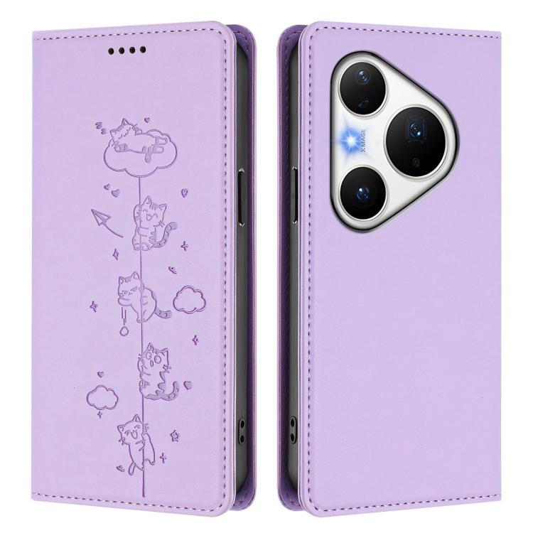 For Huawei Pura 80 Pro / 80 Pro+ Cute Cats Embossed Magnetic RFID Vegan Leather Phone Case