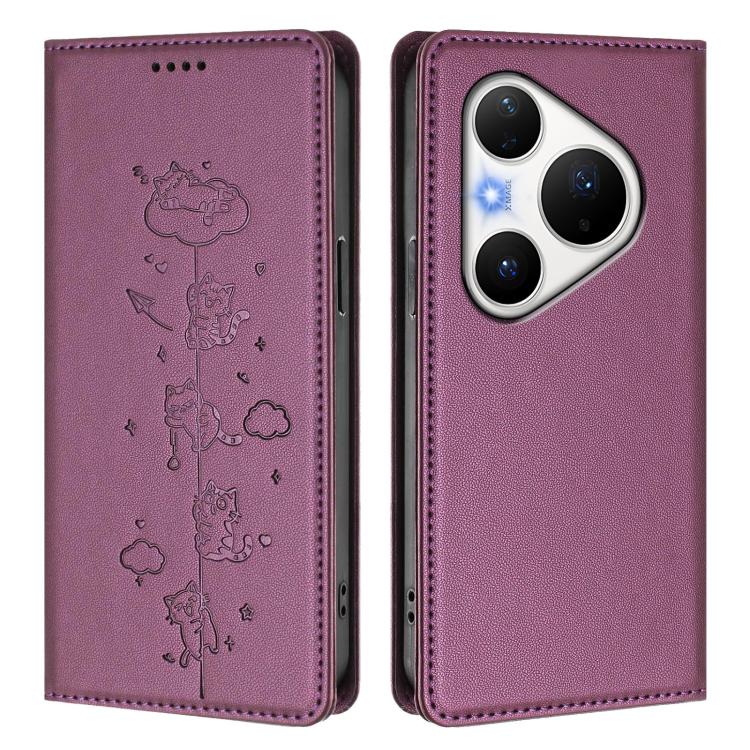 For Huawei Pura 80 Pro / 80 Pro+ Cute Cats Embossed Magnetic RFID Vegan Leather Phone Case