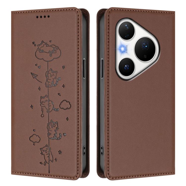 For Huawei Pura 80 Pro / 80 Pro+ Cute Cats Embossed Magnetic RFID Vegan Leather Phone Case