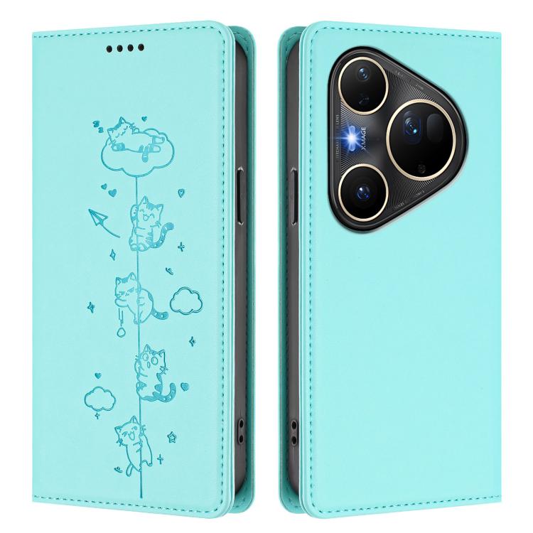 For Huawei Pura 80 Ultra Cute Cats Embossed Magnetic RFID Vegan Leather Phone Case