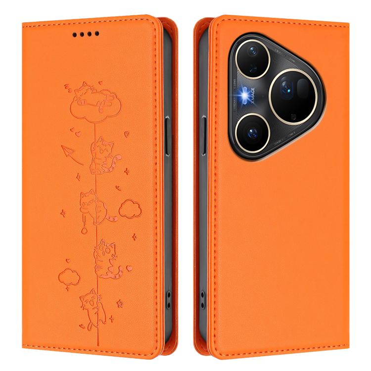 For Huawei Pura 80 Ultra Cute Cats Embossed Magnetic RFID Vegan Leather Phone Case