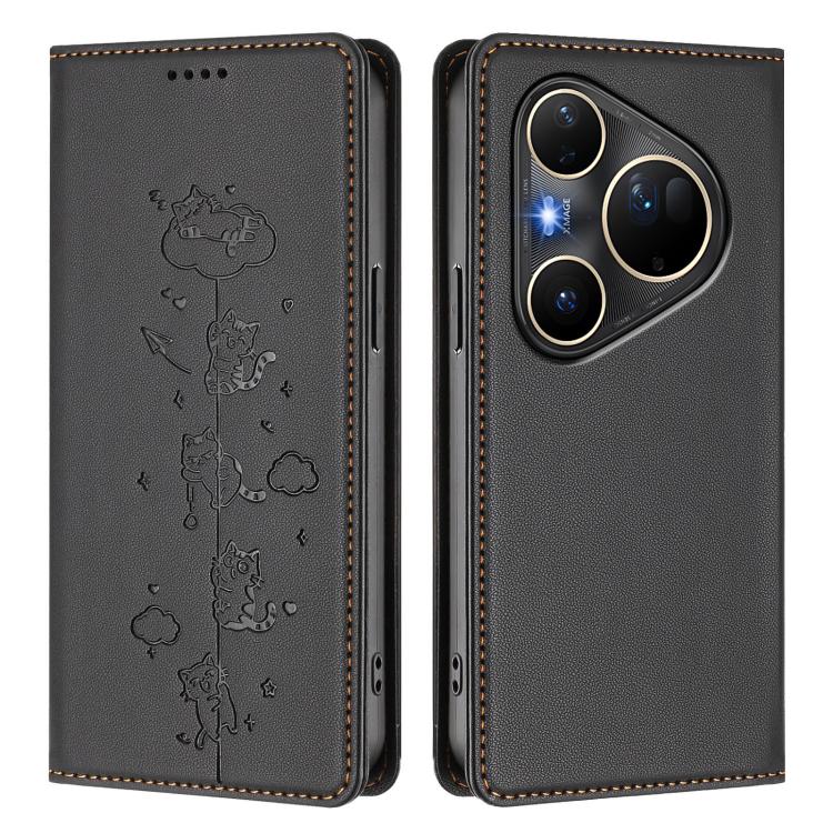 For Huawei Pura 80 Ultra Cute Cats Embossed Magnetic RFID Vegan Leather Phone Case
