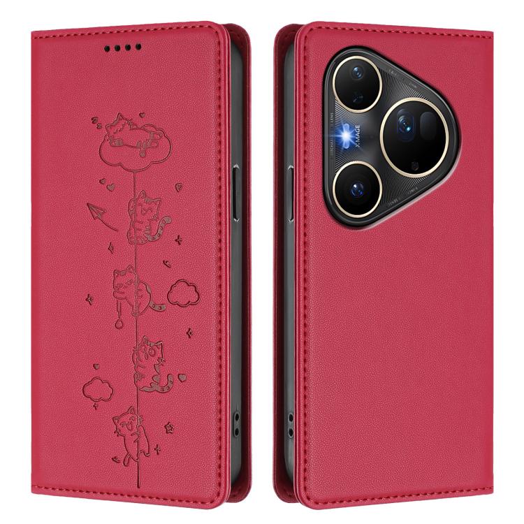 For Huawei Pura 80 Ultra Cute Cats Embossed Magnetic RFID Vegan Leather Phone Case