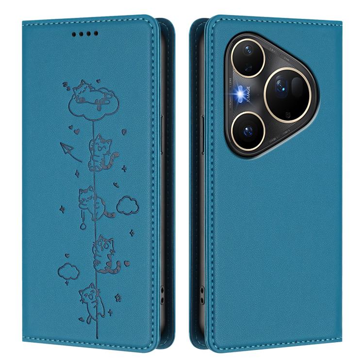 For Huawei Pura 80 Ultra Cute Cats Embossed Magnetic RFID Vegan Leather Phone Case
