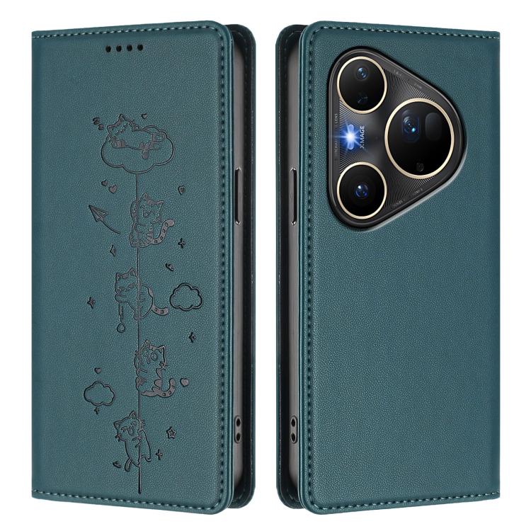 For Huawei Pura 80 Ultra Cute Cats Embossed Magnetic RFID Vegan Leather Phone Case