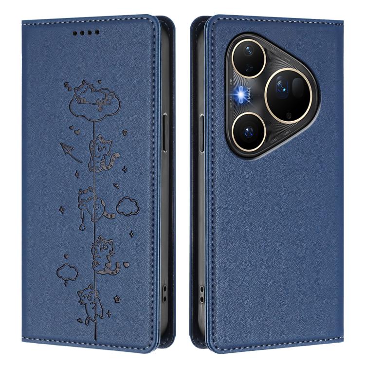 For Huawei Pura 80 Ultra Cute Cats Embossed Magnetic RFID Vegan Leather Phone Case
