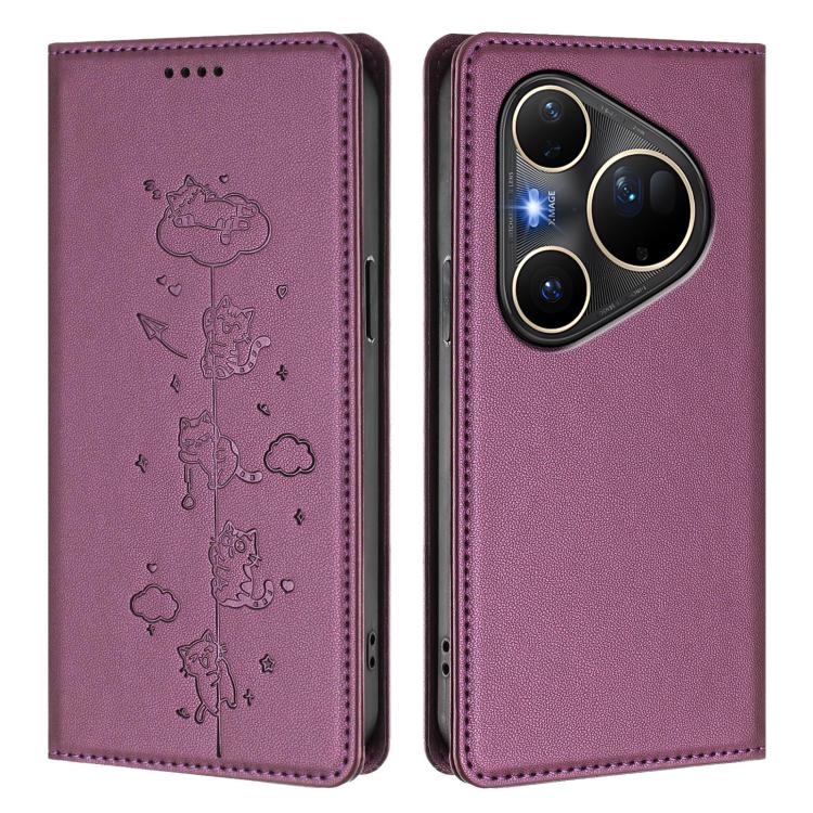 For Huawei Pura 80 Ultra Cute Cats Embossed Magnetic RFID Vegan Leather Phone Case